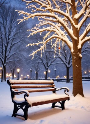A snowy bench sits under a tree with lights in the evening