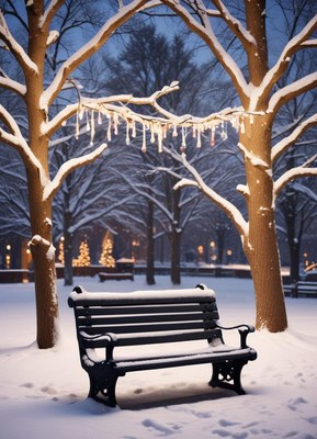 A snowy bench sits beneath a tree in a park at night