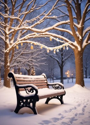 A snowy bench sits under a tree with lights at dusk