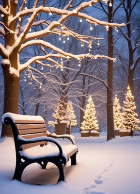A snowy park bench sits under twinkling lights