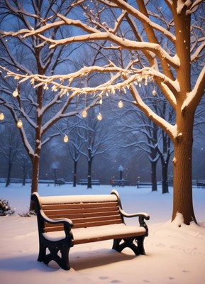 A snowy bench under a lit tree at dusk