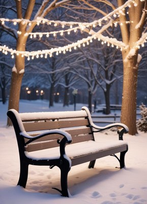 A snowy bench sits under twinkling lights in a winter park