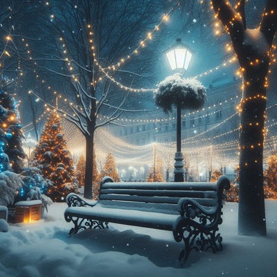 A snowy park bench sits under twinkling lights
