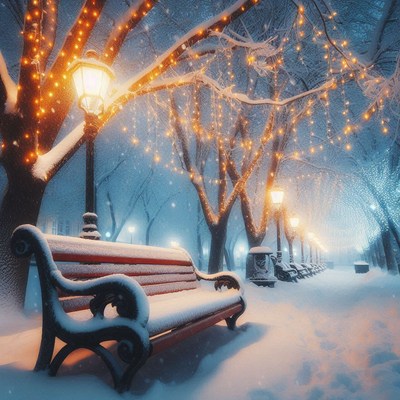 A snow-covered park bench sits in the middle of a pathway