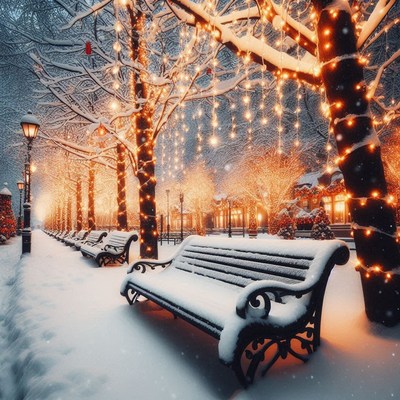 A snowy park bench lit by string lights