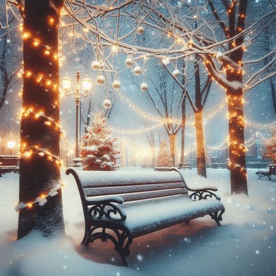 A snow-covered bench sits under a tree with lights in a park