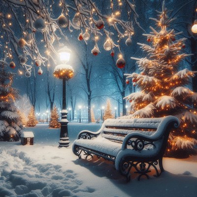 A snowy park bench sits under a tree with twinkling lights