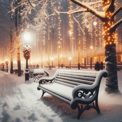 A snowy park bench under twinkling lights