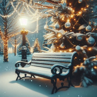 A snowy bench rests under a christmas tree