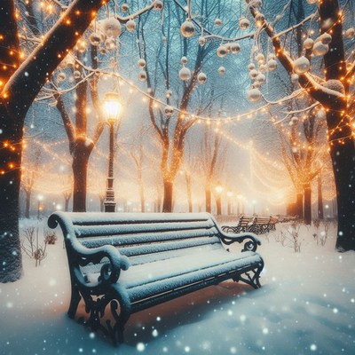 A snowy park bench with twinkling lights