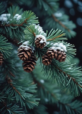 Pine cones rest on a snowy branch