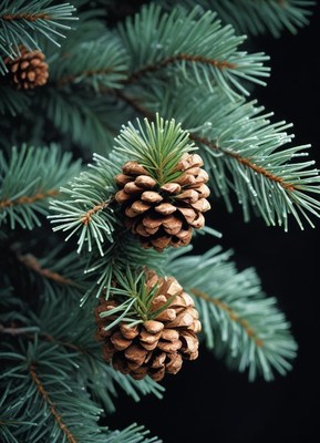 Two pine cones hang on a branch