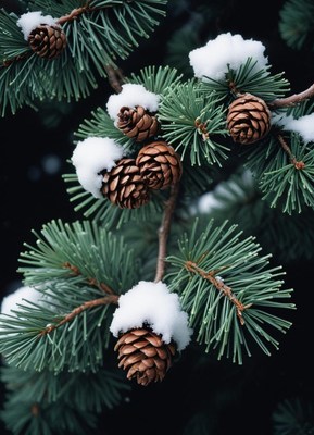 Snow-covered pine cones hang from a branch