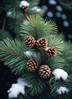 Pine cones on a branch covered in snow