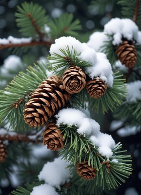 Pine cones covered in snow on a cold winter day