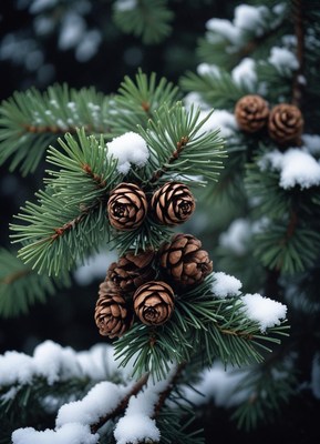 Snow-covered pine branches with brown pine cones