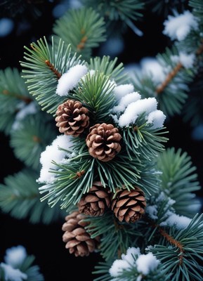 Pine cones covered in snow on a winter day