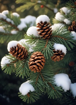 Pine cones covered in snow on a winter day