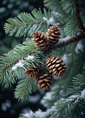 Pine cones on a snowy branch in winter