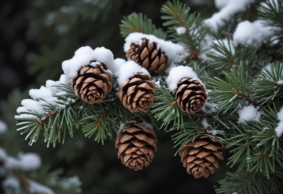 Pine cones covered in snow on a tree branch