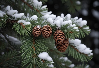 Snow-covered pine branches with pine cones