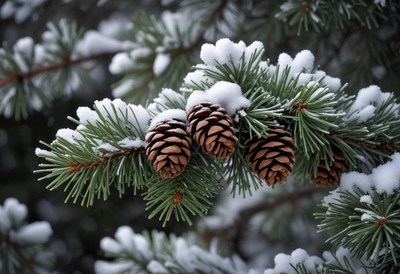 Pine cones covered in snow on a branch