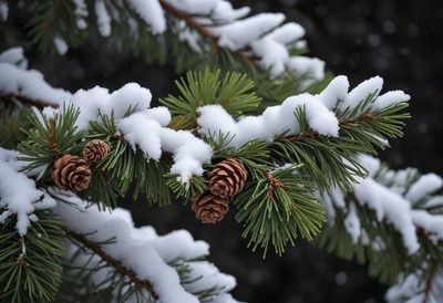 Snow-covered pine branch with pine cones
