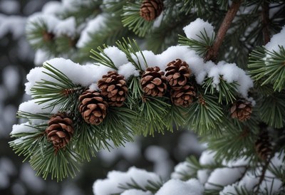 Pine cones covered in snow on a winter day