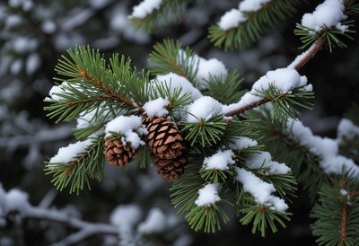 A pine branch with snow and pine cones