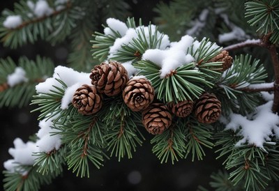A snowy pine branch with several pine cones