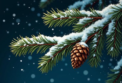 Snowy pine branch with a dangling pine cone