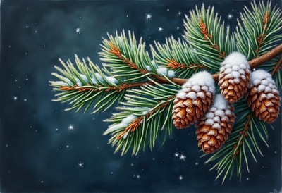 A snowy pine branch with pine cones in the night