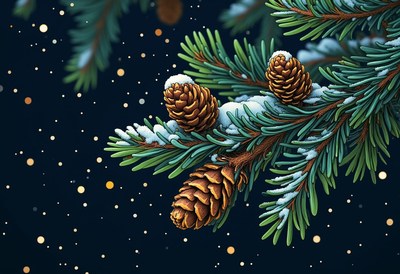 Snowy pine branch with pinecones in starry sky