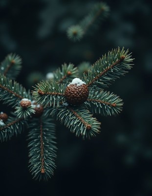 A snow-covered pine cone hangs from a branch in the forest