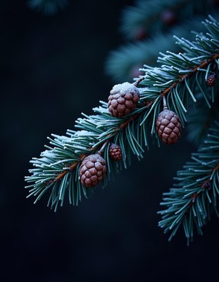 A snowy pine branch with brown cones