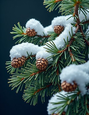 A pine branch covered in snow