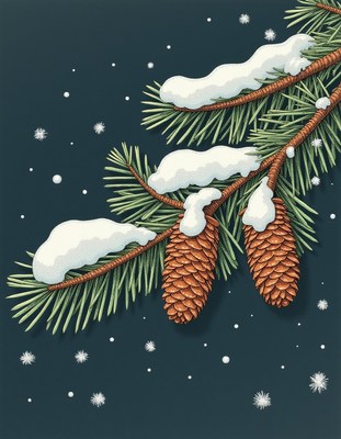 A pine branch with snow and pine cones