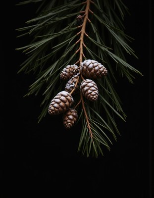 Pine branch with cones against a dark background