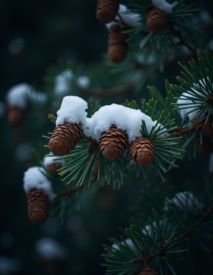 Pine cones covered in snow on a branch