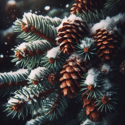 Pine cones covered in snow on a winter day