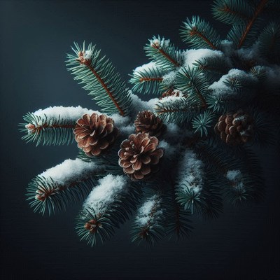 A snowy pine branch with pinecones