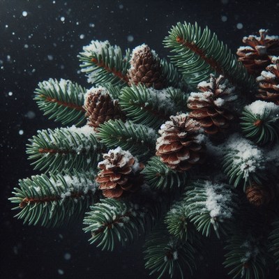 Snow falls on a pine branch with pine cones