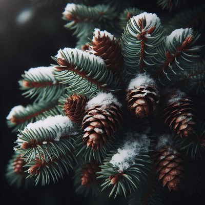 Snow-covered pine cones on a branch in the forest