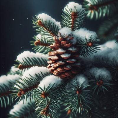 A snow-covered pine cone sits on a branch