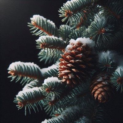 Snow-covered pine branches with a pine cone