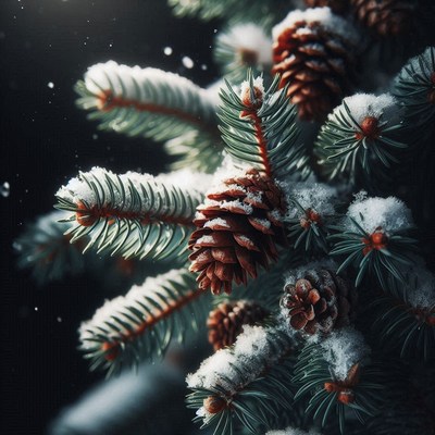 Snow-covered pine cones on a branch in the winter