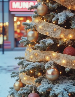 Snowy christmas tree with lights and ornaments