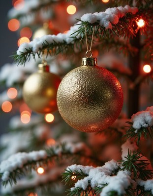 A gold christmas ornament hangs on a snowy tree branch