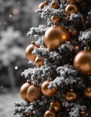 A snowy christmas tree with gold ornaments