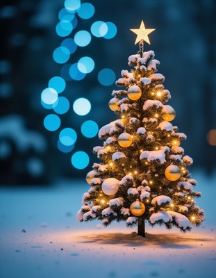 A snowy christmas tree stands tall at night
